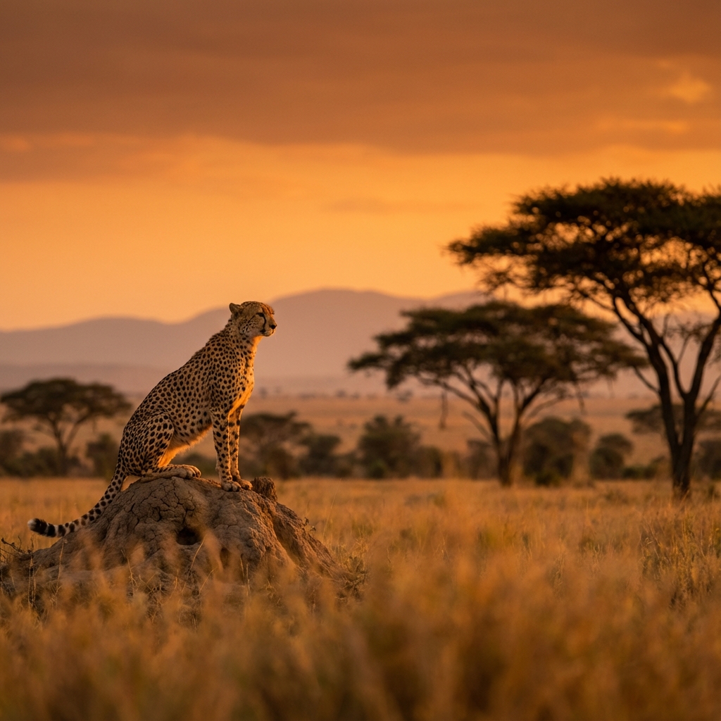 Majestic cheetah in the African savanna at sunset